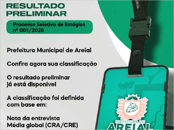 Prefeitura de Areial divulga resultado preliminar do Programa de Estágio 2026